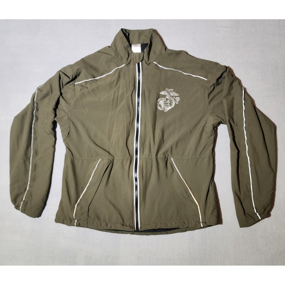 US Marines Olive Green Reflective Track Jacket Full Zip Military Running Small S